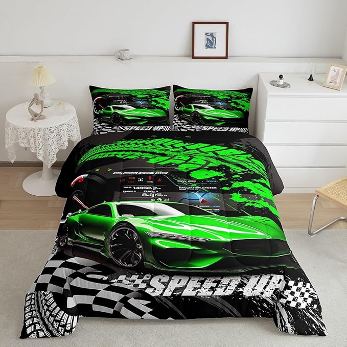 Feelyou Kids Boys Girls Race car Comforter Twin Size, Green Race Car Buffalo Plaid Comforter Set for Teens Toddler Sports Car Bedding Set Racing Car Duvet Set Room Decor Quilt Set Bedding Collection