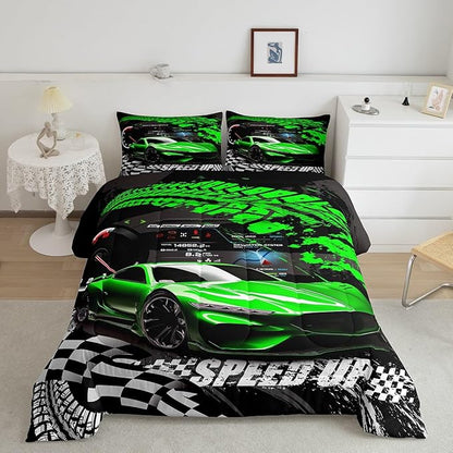 Feelyou Kids Boys Girls Race car Comforter Twin Size, Green Race Car Buffalo Plaid Comforter Set for Teens Toddler Sports Car Bedding Set Racing Car Duvet Set Room Decor Quilt Set Bedding Collection