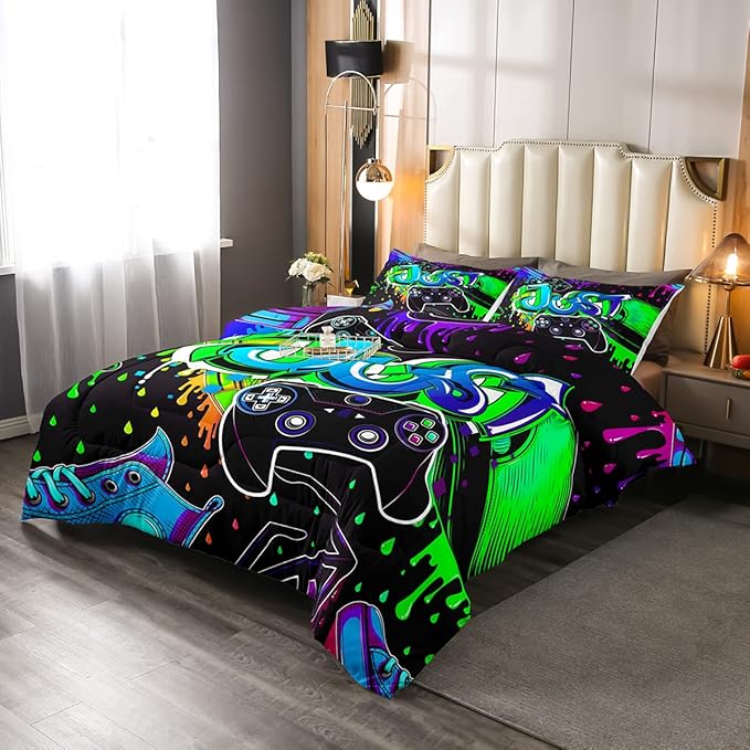 Erosebridal Boy Gaming Comforter Set Twin Gamepad Game Bedding Set Gamers Quilt Tie Dye Duvet Set for Kids Teens Hip Hop Quilt Set Cartoon Design Bedding, Colorful Comforter Set