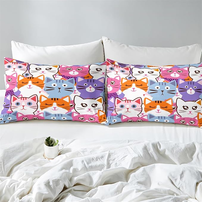 Cat Comforter Set Queen Size - 3Pcs Colorful Cat Bedding Set for Boys Girls Teens Cute Animals Themed Bedding Set Warm Ultra Soft Cartoon Cat Quilt Cover with 2 Pillowcases for Kids Room Decor