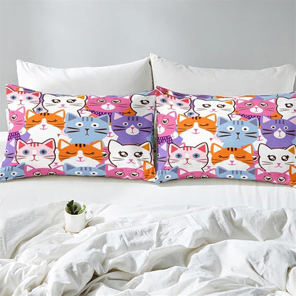 Cat Full Comforter Set for Bedroom - 3Pcs Colorful Cat Comforter Set for Teens Kids Cute Cartoon Cat Bedding Set Ultra Soft Warm Lightweight Kawaii Animal Patterns Comforter with 2 Pillowcases