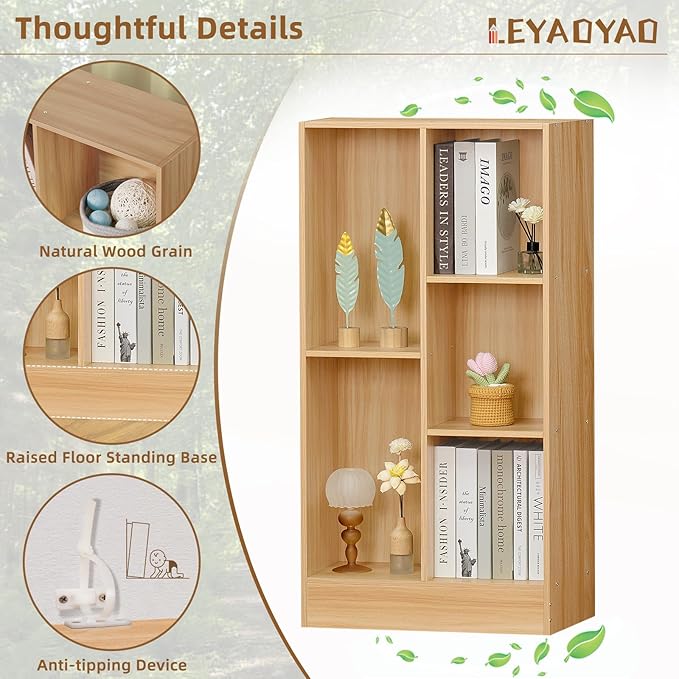 LEYAOYAO 5 Cube Mid-Century Modern Natural Wood Bookshelf with Base, 3 Tier Storage Organizer Shelf, Rustic Wood Display Cabinet for Bedroom, Living Room, Office