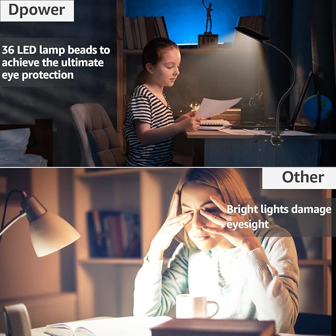 Desk Lamp with Clamp, 8W Clip on Light with 3 Lighting Modes, 10 Brightness Level, Eye-Caring Reading Lamp, Flexible Gooseneck Clamp Lamp, USB Desk Light for Bed Headboard Home