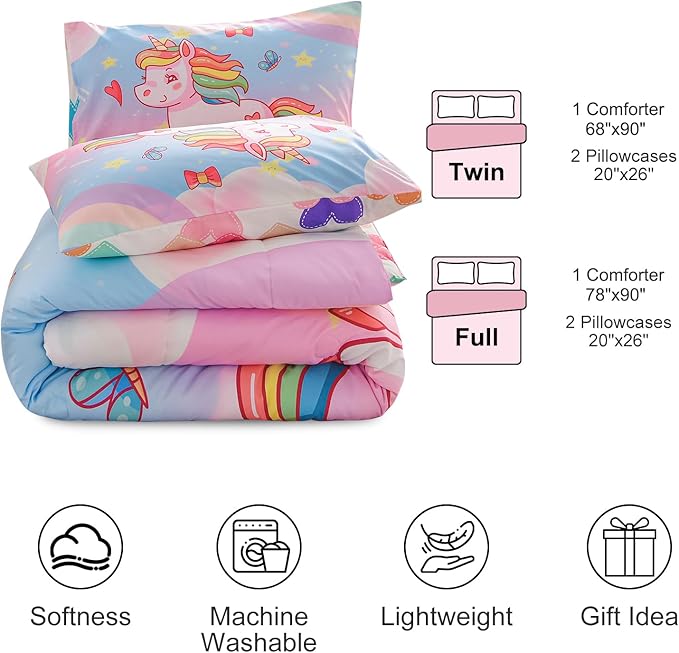 Aimuan Girls Unicorn Comforter Set 3 Pieces Pink Purple Bedding Set with Rainbow Star Galaxy Stars Fantasy Children Room Decor Soft Reversible Bed Sets for Boys/Girls/Teens (Pink Blue Full3Pcs)