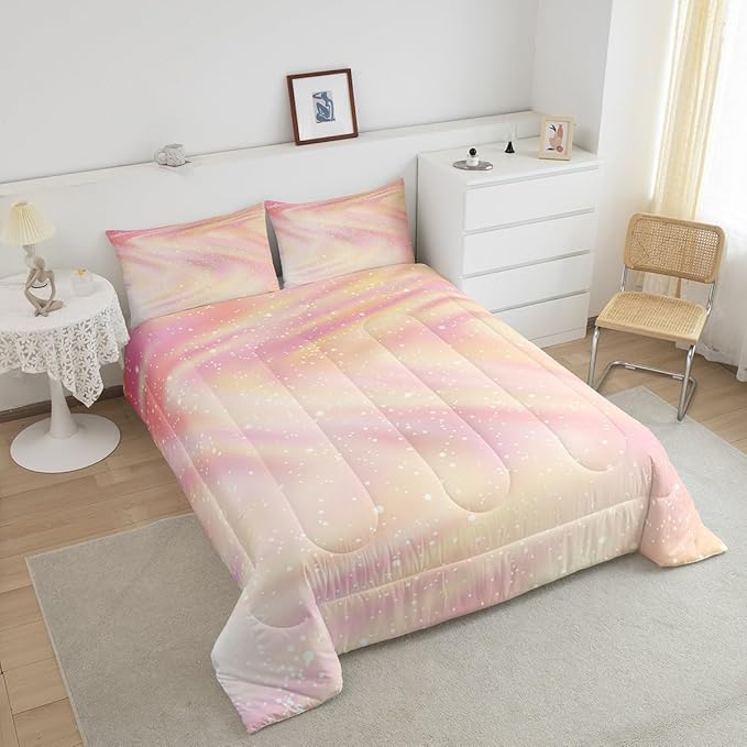 Erosebridal Girly Pastel Galaxy Bedding Comforter Sets King Size, Glitter Galaxy Bedding Tie Dye Gradient Sparkle Comforter Set for Boys Girls Teenagers Bedroom, Pink Yellow Ombre Duvet Insert, 3 Pcs