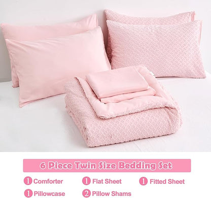 Twin Size Tufted Kids Comforter Set 6 Piece Pink Jacquard Tufts Embroidery Bedding Set for Girls Bed in A Bag Quilt with 1 Comforter, 1 Flat Sheet, 1 Fitted Sheet, 1 Pillowcase and 2 Pillow Sham