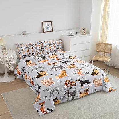 Kids Cute Dog Comforter Set Toddler Cartoon Dogs Bedding Set for Boys Girls Children Pet Dog Puppy Animal Lover Comforter Lovely Dog Paw Down Alternative Comforter for All Season Room Decor Queen Size