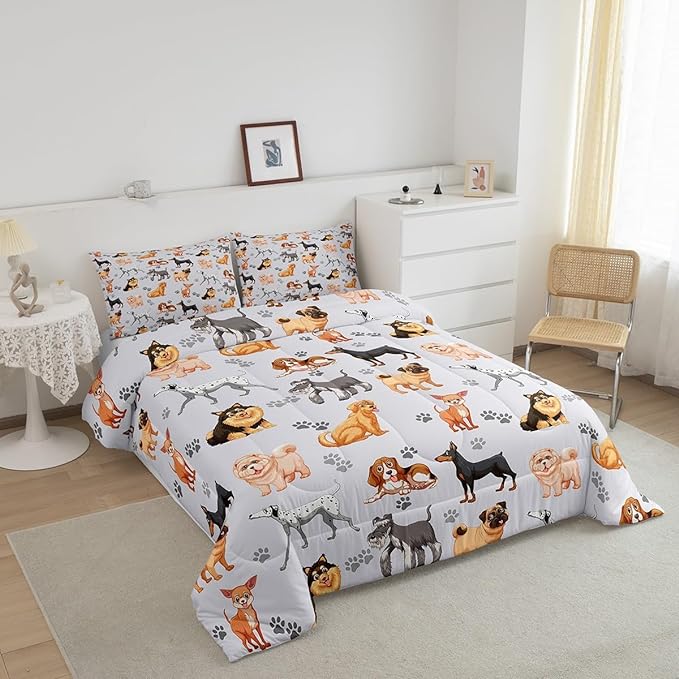 Kids Cute Dog Comforter Set Cartoon Dogs Bedding Set for Boys Girls Pet Dog Puppy Animal Lover Comforter Lovely Dog Paw Comforter for All Season Room Decor King Size Boys