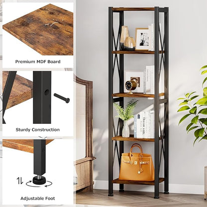 5-Tier Narrow Bookshelf, Ladder Bookshelf, Tall Bookshelf for Bedroom with Open Shelves, Office Bookshelf, Industrial Standing Bookshelf for Bedroom, Living Room and Home Office