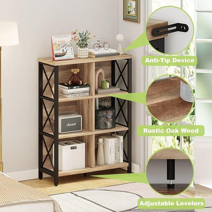FATORRI Rustic 6 Cube Storage Organizer Shelf, Wood and Metal Cubby Bookcase, Industrial 4 Tier Cube Bookshelf (Rustic Oak)