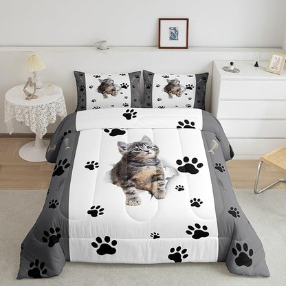 Kids Cat Comforter Set Twin,3D Cute Kawaii Cat Bedding Set Lovely Animal Kitten Paw Print Down Comforter For Girls Boys Cat Lovers' Bedroom,Fish Bone Decor Quilt Duvet Set Grey White 1 Pillow Case