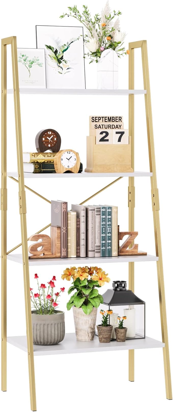 finetones Bookshelf 4 Tier, Wood Bookcase with Metal Frame, Open Display Storage Ladder Shelf, Plant Flower Stand Storage Rack for Home Office White/Gold