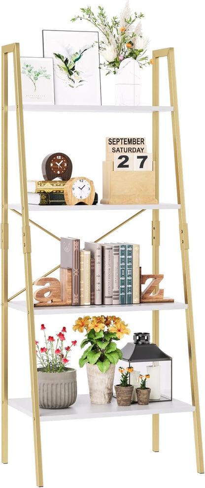 finetones Bookshelf 4 Tier, Wood Bookcase with Metal Frame, Open Display Storage Ladder Shelf, Plant Flower Stand Storage Rack for Home Office White/Gold