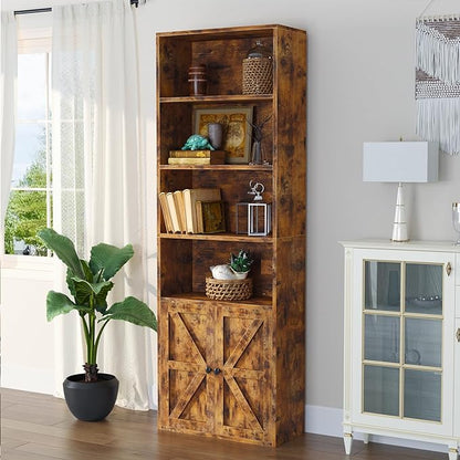 oneinmil 6 Tier Bookcase, Wooden Bookshelves with Cabinet Doors, Floor Bookshelf and Office Storage Cabinets for Home Office, Living Room,Brown
