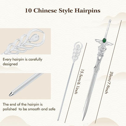 Lawie 10 Pack Silver Metal Hair Sticks Chopsticks Hair Pins Chinese Asian Hanfu Decorative Long Retro Hair Clips Snakes Swords Butterfly Jade Stone Vintage Hair Accessories for Women Girls