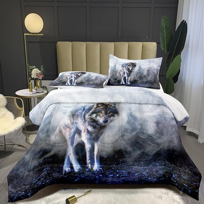 Bodhi Wild Wolf Comforter Set Twin for Boys,Mens Wolf Bedding Set, Wolf Standing in The Forest Surrounded by Fog, Wolf Comforter with Matching Pillowcases, 1 Comforter+1 Pillow Shams #4018