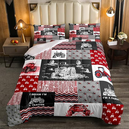 Erosebridal Red Tractor Bedding Set for Boys King,Construction Tractor Comforter Set Kids Teens Equipment Trucks Down Comforter Black White Construction Vehicle Quilt Set Bedroom Decor