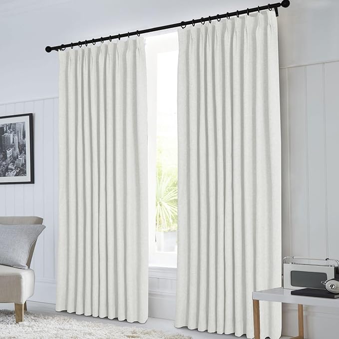 Macochico 100”Wx96”L Pinch Pleated 100% Blackout Linen Curtains Thermal Sliding Curtains for Bedroom Living Room Sliding Glass Door Farmhouse Shabby Chic Greyish White Drapery with Tieback 1 Panel