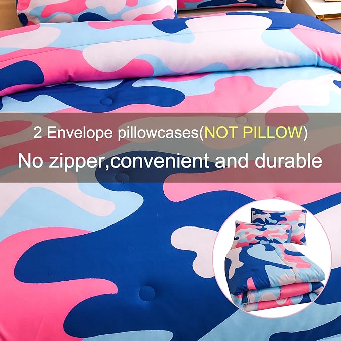 Meeting Story Camouflage Bedding Set, Colorful Pattern Style Queen Camouflage Comforter Set, 3 PCS 1 Comforter and 2 Pillowcases in 1 Bag, All Season Bedspread for Kids Teens Adults (Blue, Queen)