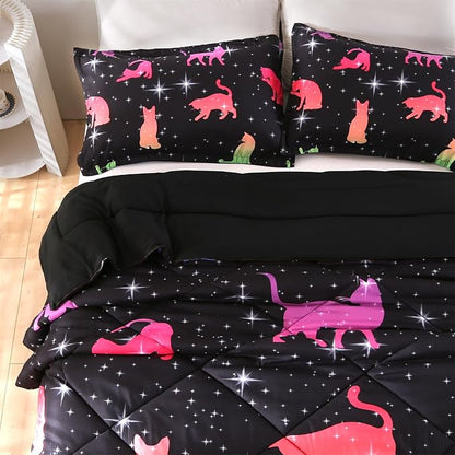 ENCOFT Comforter Set Queen for Girls and Boys, Premium 3 Piece Cats Bedding Set Black, Comfortable and Breathable for Teens and Adults, 1 Comforter and 2 Pillowcases