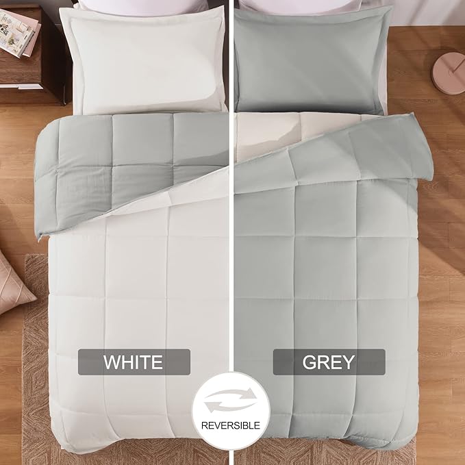 Basic Beyond Queen Comforter Set - Fluffy Comforter Queen Set for All Seasons - Reversible White Queen Comforter Set for Mens - 3 Pieces (1 Comforter + 2 Pillow Shams) - White/Grey