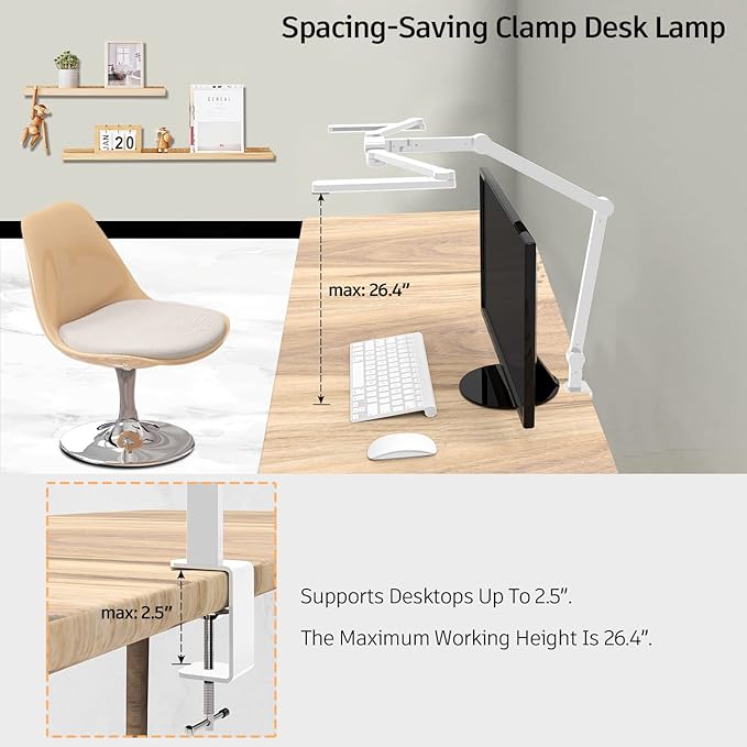 LED Desk Lamp for Home Office, 41.5" White Clip on Architect Desk Lamp with Clamp, 24W Adjustable Bright Swing Arm LED Desk Light Clamp on Office Lamp Dimmable Eye Care Table Light