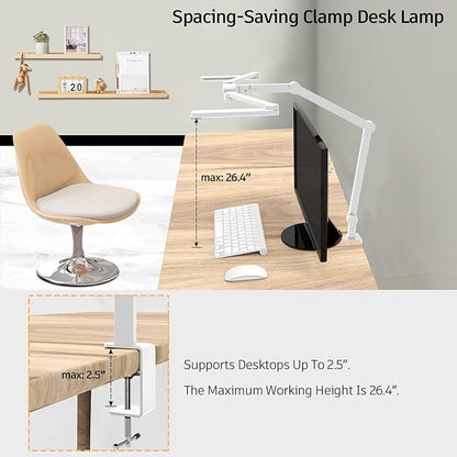 LED Desk Lamp for Home Office, 41.5" White Clip on Architect Desk Lamp with Clamp, 24W Adjustable Bright Swing Arm LED Desk Light Clamp on Office Lamp Dimmable Eye Care Table Light