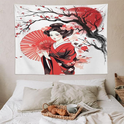 Japanese Red Geisha Tapestry Asian Cherry Blossom Traditional Kimono Folk Tapestries Home Decor for Living Room Bedroom Apartment Farmhouse Dorm 80"x60"