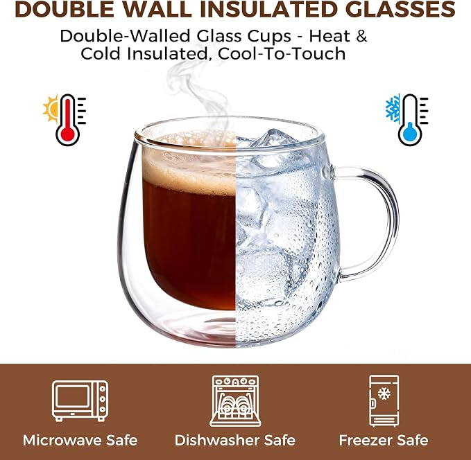 Double Wall Glass Coffee Mugs 10 Oz with Handle - Set of 1 | Insulated Clear Espresso Coffee Mug with Handle, Double Walled Coffee Cups for Cappuccino, Latte, Tea, Hot Drinks