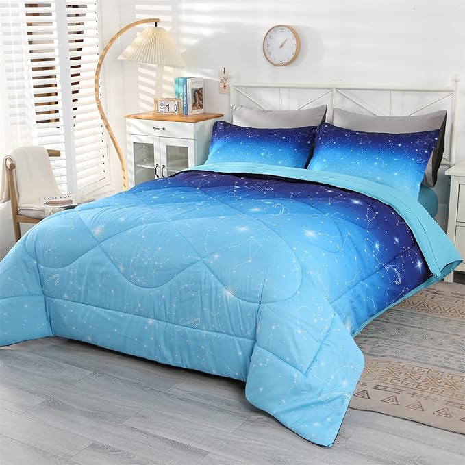 Wowelife Glitter Bedding Set Full Size 5 Pieces Galaxy Comforter Set Blue 3D Galaxy Kids Comforter Sets Lightweight with Comforter, Flat Sheet, Fitted Sheet and 2 Pillowcases