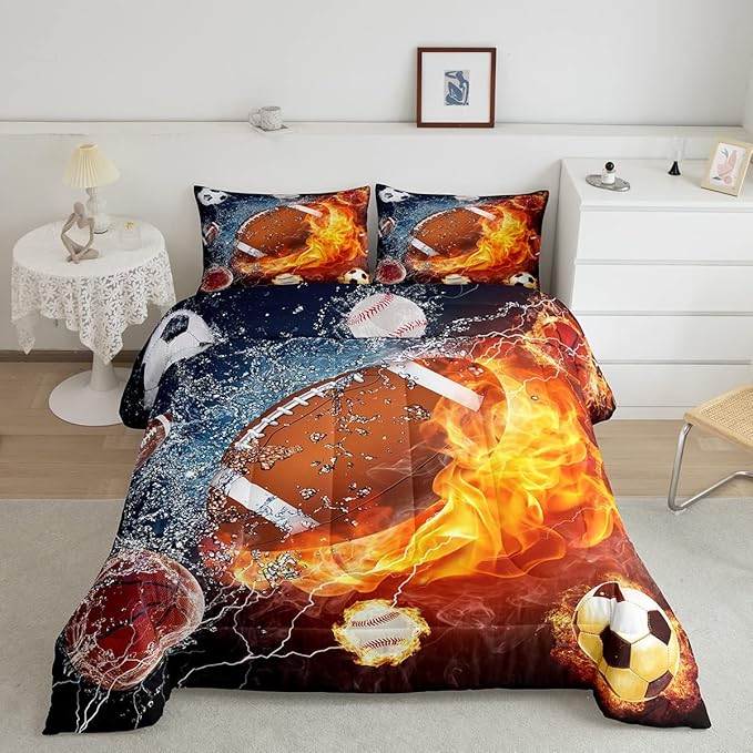Erosebridal Football Comforter Set Queen Rugby Sports Bedding Set for Teen Boys Kids,Soccer Basketball Baseball Comforter Red Blue Water Fire Lightning Quilt Duvet Insert Bedroom Decor 2 Pillow Cases