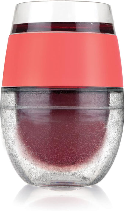 Host Cooling Wine Freeze Cup with Lid, Set of 2 Plastic Double Wall Insulated Wine Tumbler Drink Cups with Freezing Gel for Red and White Wine, Coral