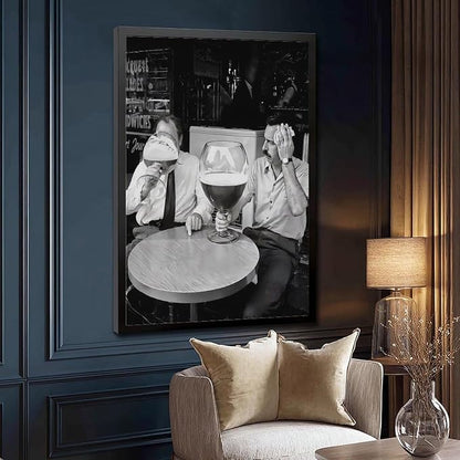 UXCBIA Men Drinking Large Beers, Vintage Black And White, Man Cave Decor Poster Canvas Poster Wall Art Decor Print Picture Paintings for Living Room Bedroom Decoration Black Frame 24x36in(60x90cm)
