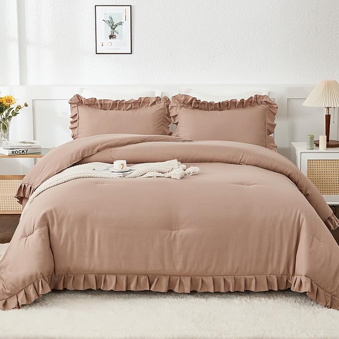 Andency Taupe King Comforter Set(104x90Inch), 3 Pieces(1 Ruffle Comforter and 2 Pillowcases) Lightweight and Fluffy Bedding Comforter Set, All Season Soft Microfiber Shabby Chic Bedding Set