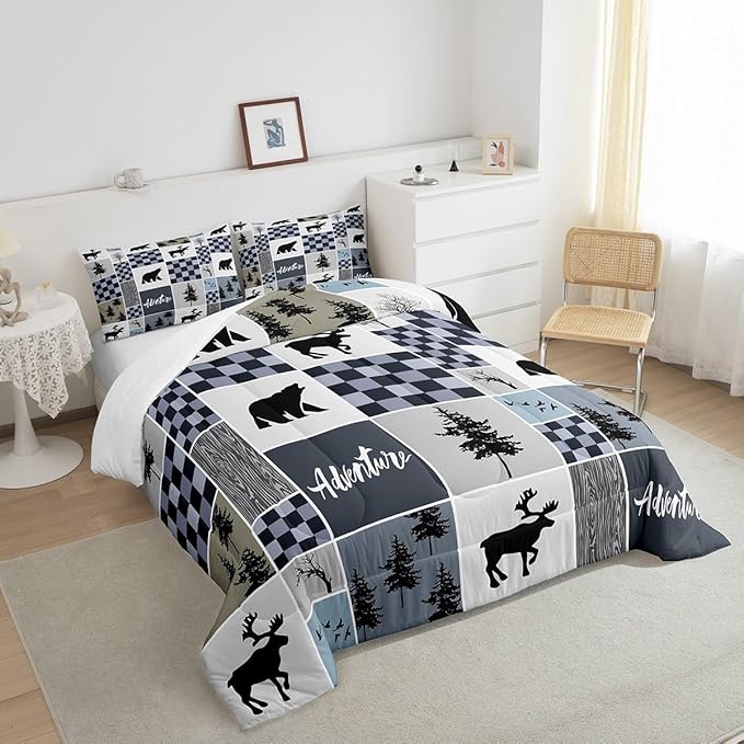 Deer Antler Comforter Set Twin Size,Bear Rustic Farmhouse Adventure Bedding Set for Kids Boys Girls Adults Room Decor,Pine Trees Plaid Patchwork Down Comforter,Blue Xmas Duvet Insert,1 Pillowcase