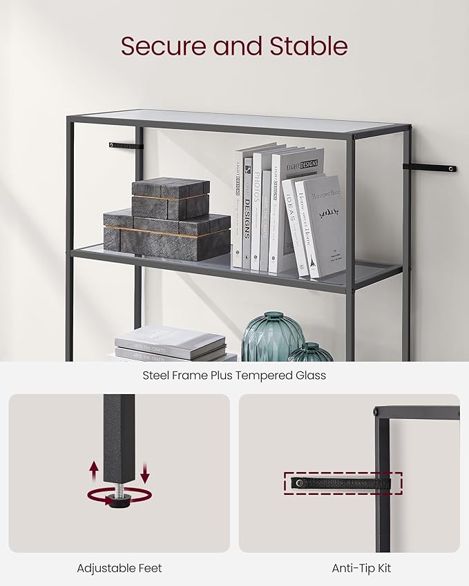 VASAGLE Bookcase, 6-Tier Bookshelf, Slim Shelving Unit for Bedroom, Bathroom, Home Office, Tempered Glass, Steel Frame, Ink Black and Slate Gray ULGT503G01