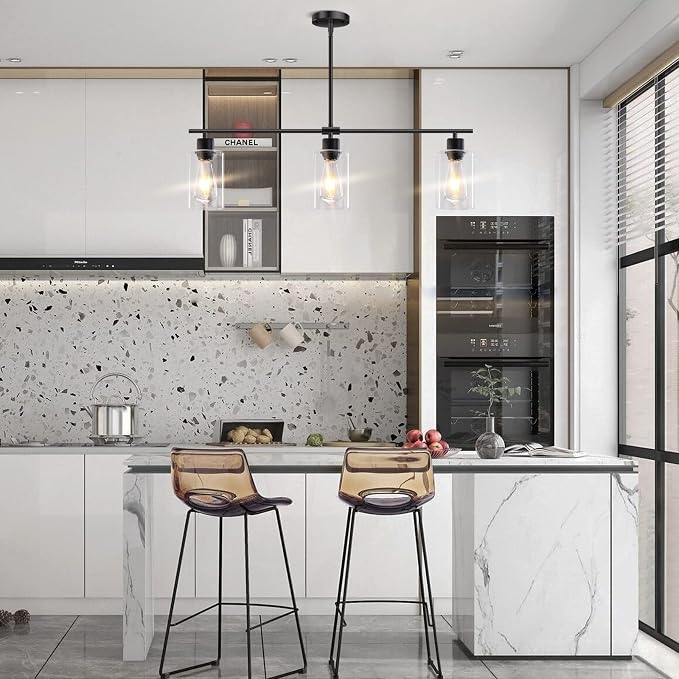 Kitchen Island Lighting, 3 Lights Linear Chandeliers Rectangle Pendant Light Fixtures for Dining Room Farmhouse Hanging Light with Glass Shades(Black)