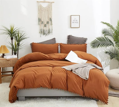 Pumpkin Comforter Set King Burnt Orange Pom Comforter 3 Pieces Pumpkin Color Boho Ball Pom Fringe King Comforter Bedding Set Women Solid Pumpkin King Bed Comforter Set All Season Gift