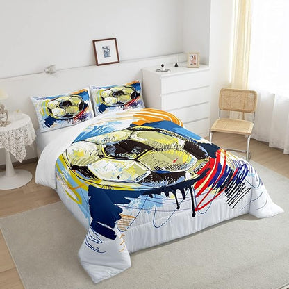 Erosebridal Boys Soccer Comforter Set Full Size Kids Football Bedding Set Sports Games Bedding Comforter Sets for Teen Girls Room Decor Colorful Hip Hop Graffiti Quilt Duvet Insert 2 Pillow Cases