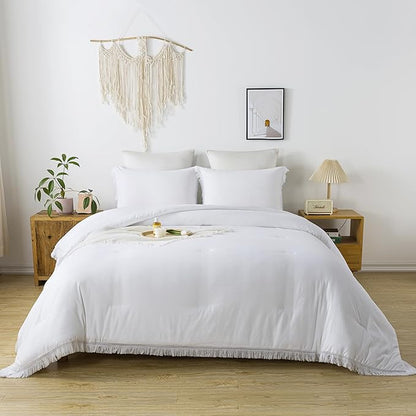 Andency White Comforter Set Full, 3 Pieces Boho Lightweight Bedding Comforters & Sets, All Season Soft Fluffy Tassel Bed Set (79x90In Comforter & 2 Pillowcases)