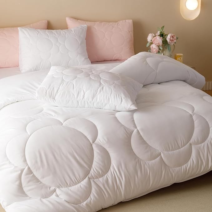 White Flower Comforter Queen White Sunflower Print Bed Queen Comforter Set 3 Pieces White Floral Comforter Set for Women Girls Bedroom Decor All Season Hotel Quality Comforter Set
