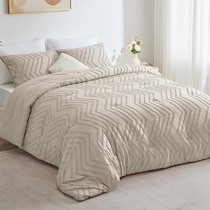 CozyLux California King Size Comforter Set Beige - 3 Pieces Cal King Boho Tufted Shabby Chic Bedding Comforter Set for All Seasons, Chevron Bedding Sets with Comforter & 2 Pillow Shams