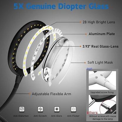 Magnifying Glass with Light and Stand, 5X Desk Magnifying Desk Lamp, Table Magnifier Lamp for Senior Close Work Reading Crafts