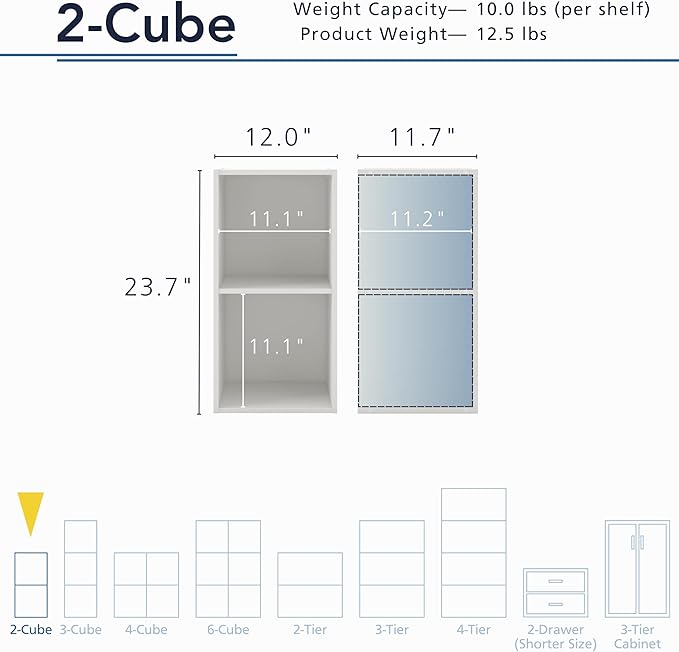 Apexa 2 Cube Storage Organizer Shelves, Stackable Wood Bookcase Fits Cubby Bins for Organization, Dorm Teen Room Decor & Home Office, White