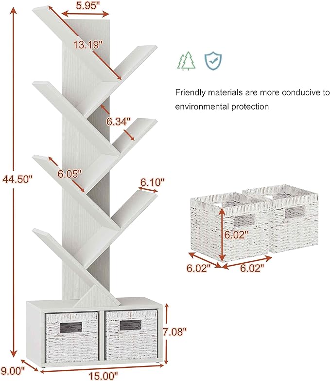 Vagusicc 6 Tier Tree Bookshelf - Modern Shelf Floor Standing Bookcase with Baskets, Tall Wood Book Storage Rack for Books/CDs, Tree Utility Book Organizer Shelves for Living Room, Home Office, Bedroom