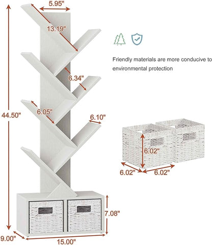 Vagusicc 6 Tier Tree Bookshelf - Modern Shelf Floor Standing Bookcase with Baskets, Tall Wood Book Storage Rack for Books/CDs, Tree Utility Book Organizer Shelves for Living Room, Home Office, Bedroom