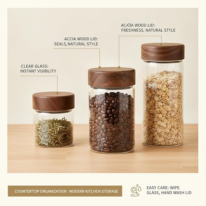 Clear Glass Storage Jar with Acacia Wood Lid - Kitchen Canister for Pantry Organization, Countertop Display, and Dry Food Storage