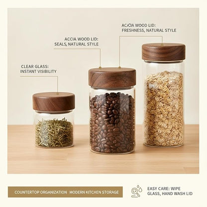 Clear Glass Storage Jar with Acacia Wood Lid - Kitchen Canister for Pantry Organization, Countertop Display, and Dry Food Storage