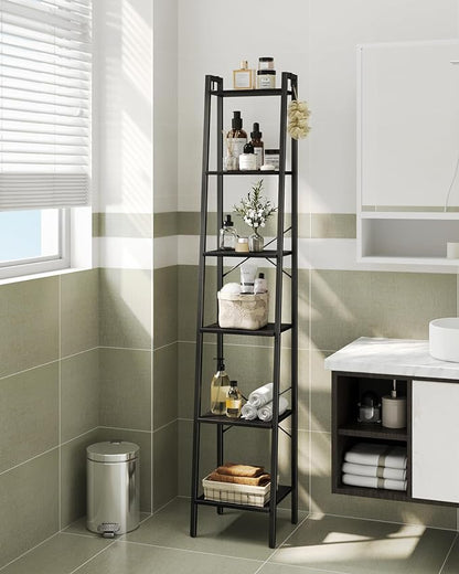 Ladder Shelf, Bookshelf Bookcase, Freestanding Corner Storage Shelve with 2 Hooks for Home Office, Living Room, Kitchen, Bedroom, Industrial, 6-Tier Black BC13304B
