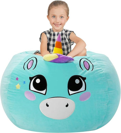 Aubliss Stuffed Animal Storage, Velvet Bean Bag Chairs Cover, X-Large 38" Ultra Soft Kids Toy Storage Organizer for Toys Blankets Towels Clothes, Cyan Big Eyes